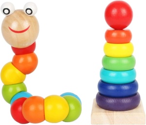 Set 2 Jucarii din Lemn, Omida si Piramida cu 7 inele Curcubeu #JJ5463