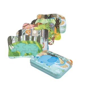 Set 5 Puzzle-uri cu Piese Mari in Cutie Metalica , Animale din Savana #JJ5651