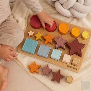 Set Educativ tip Montessori din Lemn si Silicon, cu Forme Geometrice Stivuibile, Multicolor #JJ5460 - Img 4