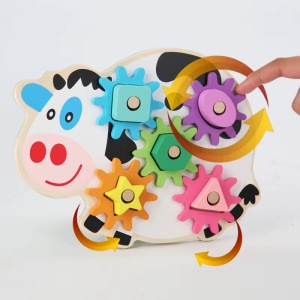 Sortator din Lemn Vacuta cu Roti Dintate, forme geometrice, tip Montessori, Multicolor #JJ5424 - Img 3