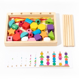 Sortator Montessori din Lemn cu 25 de Forme Geometrice, 16 Modele și 2 Sfori pt snuruit, Multicolor #JJ5119 - Img 2