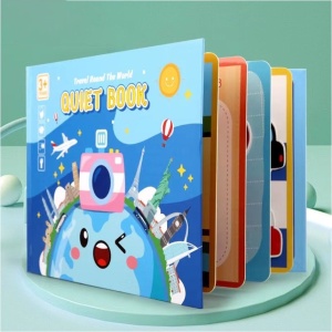 Carte interactiva Quiet Book Montessori, piese cu scai reutilizabile, In jurul Lumii, 10 pagini, #JJ5664