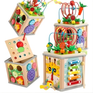 Cub Educativ Montessori din Lemn, Multifunctional (Sortator, xilofon, ceas, labirint etc) #JJ5544