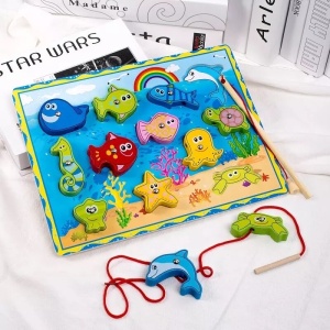 Joc 3 in 1 din Lemn, Pescuit, Snuruit, Puzzle Incastru Animale Marine #JJ5562 - Img 10