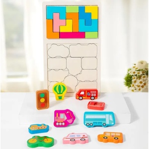 Joc Geometric 2 in 1 tip Tetris din Lemn, Model Masini, Potrivire Logica, 21 piese #JJ5166 - Img 2