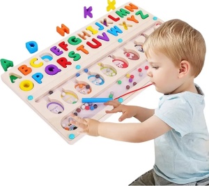 Joc Montessori 2 in 1 din Lemn, Sortare culori, Alfabet, creion magnetic #JJ5361 - Img 7