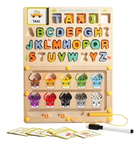 Joc Montessori 5 in 1 din Lemn, Sortare culori, Alfabet, Cuvinte, Desen, Operatii, cu Creion Magnetic si Marker #JJ5209 - Img 7