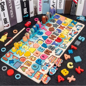 Joc Montessori din Lemn 7 in 1 cu Litere, Cifre, Inele, Pestisori, Vehicule, si Forme Geometrice #JJ5144 - Img 10