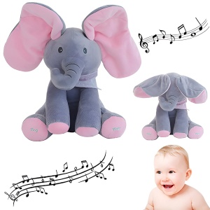 Jucarie Interactiva Elefantel Peek-a-Boo, Canta si Misca Urechile, Limba Engleza , 30 cm, Roz-Gri #JJ5161