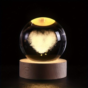 Lampa de Veghe Glob de Cristal - Model Inima 3D, baza de lemn, lumina calda, alimentare USB #JJ5319 - Img 6