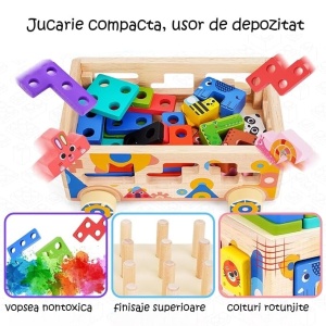 Masinuta Montessori din Lemn cu Sortator, Animale, Tetris si Snur pentru tras #JJ5015 - Img 6