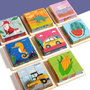 Puzzle 3D din Lemn, 9 Cuburi, 6 Fete, Model Masini, tip Montessori #JJ5492 - Img 2