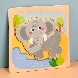 Puzzle 3D din Lemn Model Elefant, 4 piese, tip Montessori #JJ5592