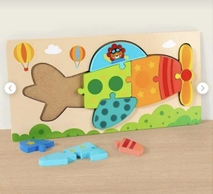 Puzzle din lemn cu placa suport, Avion, 10 piese mari, 30x15cm, Multicolor #JJ5599 - Img 2