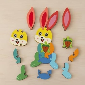 Puzzle din lemn cu placa suport, Iepuras, 9 piese mari, 30x15cm, Multicolor #JJ5611 - Img 2