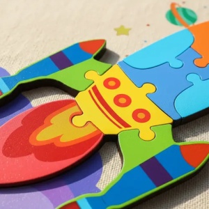 Puzzle din lemn cu placa suport, Racheta, 10 piese mari, 30x15cm, Multicolor #JJ5597 - Img 4