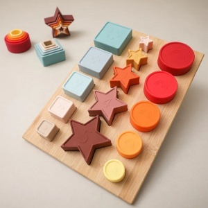 Set Educativ tip Montessori din Lemn si Silicon, cu Forme Geometrice Stivuibile, Multicolor #JJ5460
