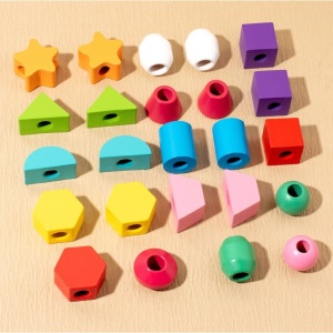 Sortator Montessori din Lemn cu 25 de Forme Geometrice, 16 Modele și 2 Sfori pt snuruit, Multicolor #JJ5119 - Img 3