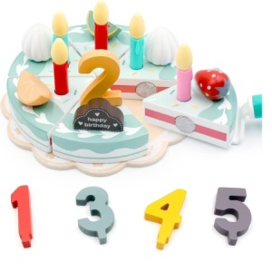 Tort Aniversar cu Velcro, Cifre 1-5 si Accesorii, din Lemn, Joc de Rol, KABI, nunate Pastel #JJ5669