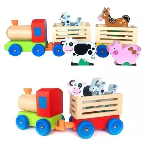 Trenulet din Lemn cu Animale, Locomotiva si 2 Vagoane, 40 cm, Multicolor #JJ5407 - Img 9