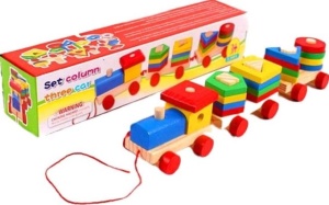 Trenulet din Lemn cu Locomotiva si 2 Vagoane, Sortator, 19 Forme Geometrice #JJ5154