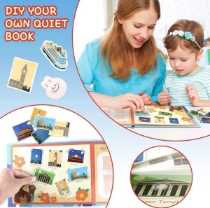 Carte interactiva Quiet Book Montessori, piese cu scai reutilizabile, In jurul Lumii, 10 pagini, #JJ5664 - Img 8