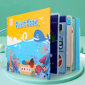 Carte interactiva Quiet Book Montessori, piese cu scai reutilizabile, Model Lumea Acvatica, 10 pagini, #JJ5659