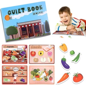 Carte interactiva Quiet Book Montessori, piese cu scai reutilizabile, Model Fructe si Legume, 10 pagini, #JJ5662 - Img 4