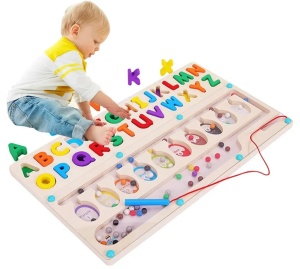 Joc Montessori 2 in 1 din Lemn, Sortare culori, Alfabet, creion magnetic #JJ5361 - Img 4