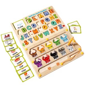 Joc Montessori 5 in 1 din Lemn, Sortare culori, Alfabet, Cuvinte, Desen, Operatii, cu Creion Magnetic si Marker #JJ5209 - Img 4