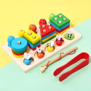Joc Montessori din Lemn de Sortat si Pescuit cu Forme Geometrice, Peștișori și Albinuțe, Undița magnetică , Multicolor #JJ5118 - Img 1