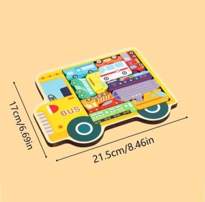 Puzzle 3D din Lemn tip Tetris, Autobuz scolar cu Vehicule,12 piese #JJ5258 - Img 3