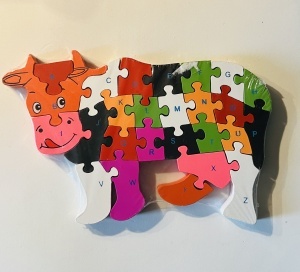 Puzzle 3D din Lemn Vacuta fata/verso cu Alfabet/ Numere, 26 piese, multicolor #JJ5198