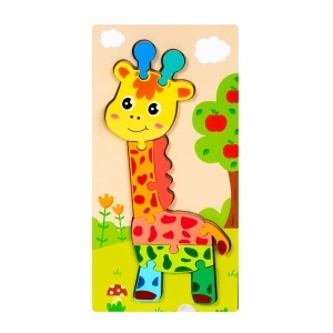 Puzzle din lemn cu placa suport, Girafa, 10 piese mari, 30x15cm, Multicolor #JJ5598 - Img 3