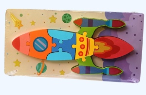 Puzzle din lemn cu placa suport, Racheta, 10 piese mari, 30x15cm, Multicolor #JJ5597 - Img 2