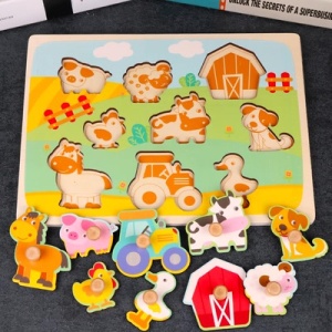 Puzzle Incastru Montessori din Lemn cu Maner: Ferma Animalelor, 9 piese #JJ5401 - Img 7