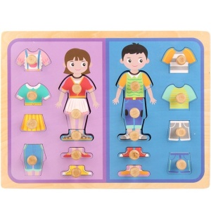 Puzzle Incastru Montessori din Lemn cu Maner: Imbraca Fetita si Baiatul, 18 piese #JJ5673