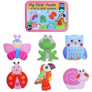 Set 6 Puzzle-uri cu Piese Mari in Cutie Metalica, Model Insecte si Pasari #JJ5609