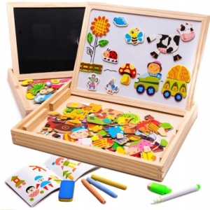 Set din Lemn 2 in 1, Model Ferma, cu Tablite, Magneti, creta, carioca, burete, 62 piese #JJ5153 - Img 6