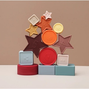 Set Educativ tip Montessori din Lemn si Silicon, cu Forme Geometrice Stivuibile, Multicolor #JJ5460 - Img 7