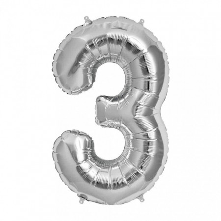 Balon din folie metalizata, 80 cm, cifra 3, Argintiu
