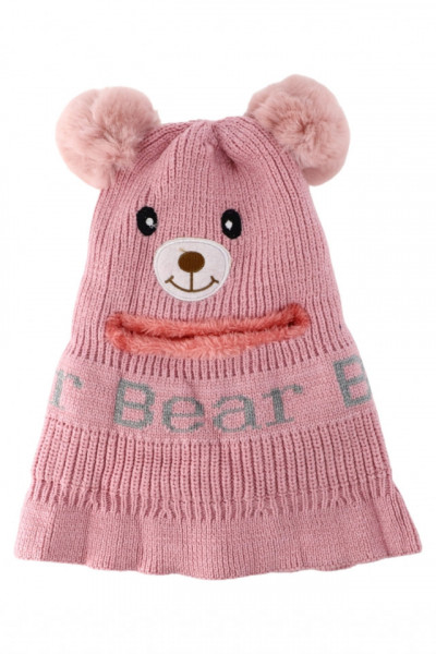 Caciula tip cagula, pentru copii, tricotata, interior imblanit, Ciucuri, Bear, NO7746, 2-3 ani, Roz