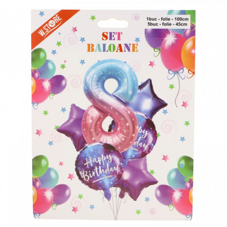 Set 6 Baloane folie, Cifra 8 si Happy Birthday, Multicolor
