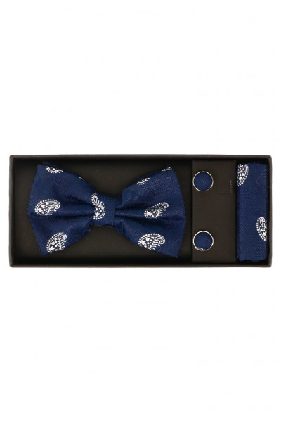 Set Papion pentru barbati cu butoni si batista, aspect texturat, NO2047, 6.5 x 12 cm, Bleumarin