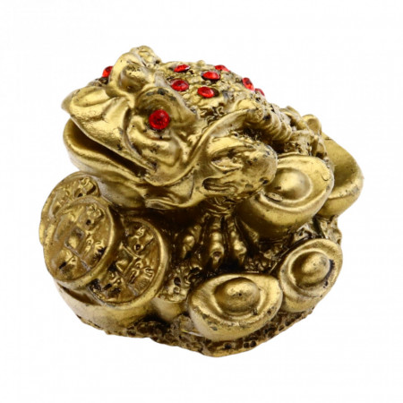 Broasca raioasa, Feng Shui cu pietre rosii si monede, din rasina, talisman pentru bani si noroc in dragoste 43 x 55 mm, Auriu