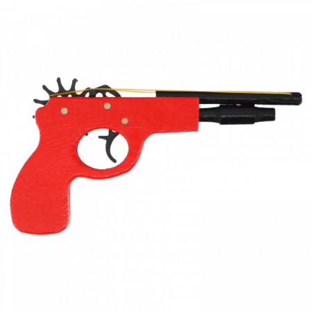 Pistol pentru copii cu elastic, lemn, 23 cm, Rosu