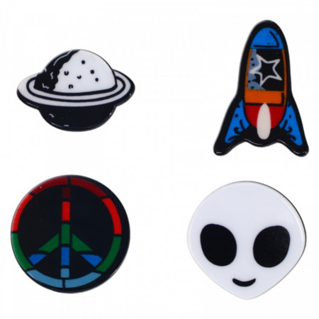 Set 4 insigne amuzante, Planeta, Pace, Alien, Nava spatiala, NO910, 3 cm, Multicolor