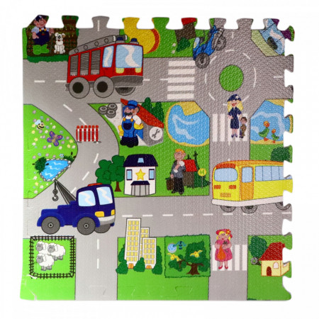 Covoras Puzzle, din spuma, format din 4 bucati, cu imprimeu stradal si animale, marime 1.22 x 1.22 m, Multicolor