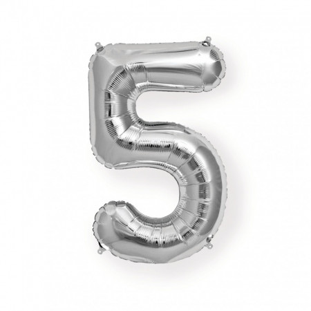 Balon din folie metalizata, 80 cm, cifra 5, Argintiu
