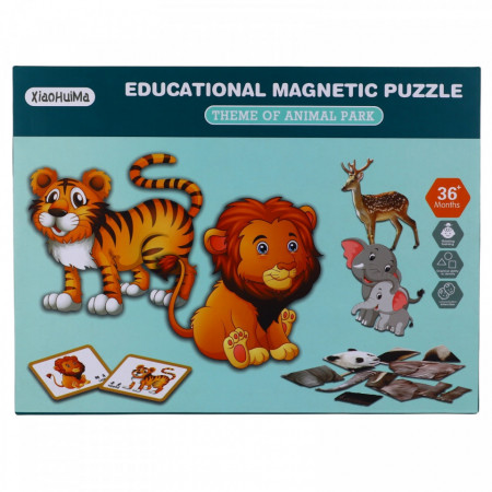 Puzzle magnetic, educational, Animale, cutie de depozitare 105 piese